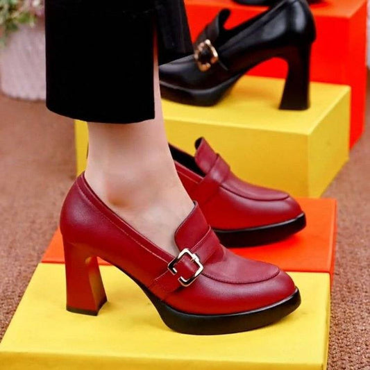 Chaussures en Cuir pour Femmes à Talons Épais et Semelles Épaisses