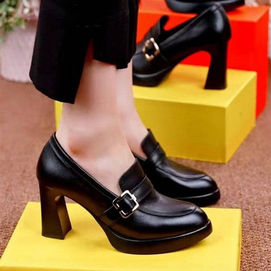 Chaussures en Cuir pour Femmes à Talons Épais et Semelles Épaisses