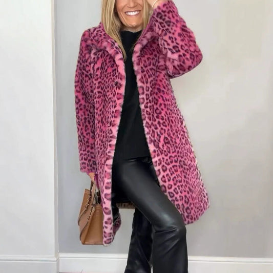 Manteau Mi-Long Claudia en Peluche Imprimé Léopard – Automne/Hiver