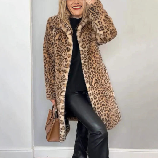 Manteau Mi-Long Claudia en Peluche Imprimé Léopard – Automne/Hiver